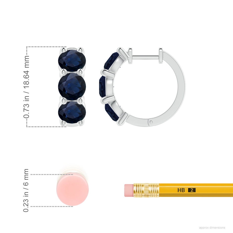 5.5mm A Round Blue Sapphire Three Stone Hoop Earrings in 18K White Gold ruler