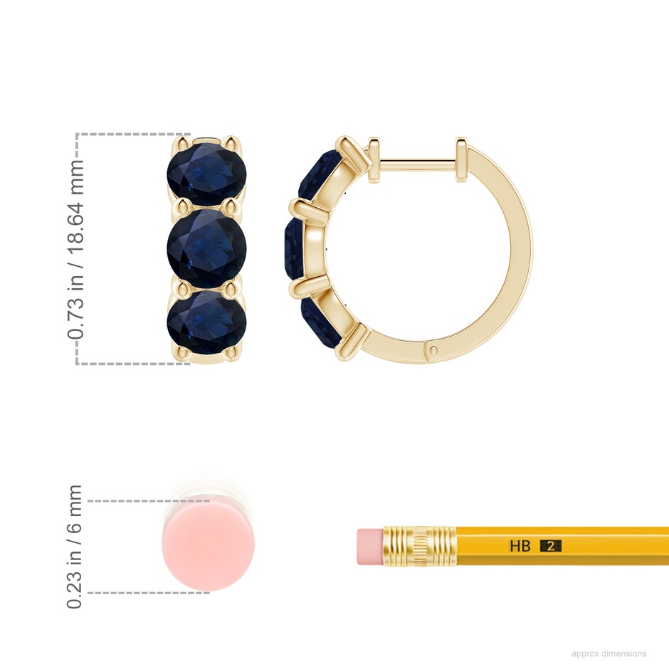 5.5mm A Round Blue Sapphire Three Stone Hoop Earrings in 18K Yellow Gold ruler