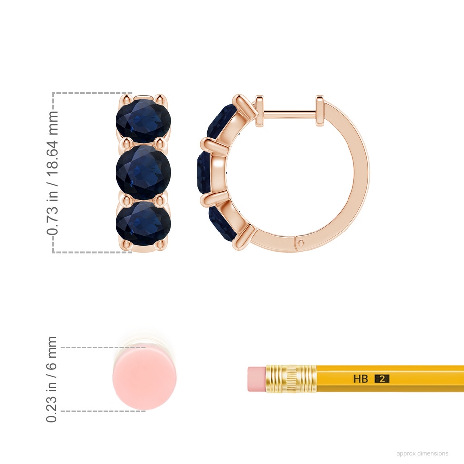 5.5mm A Round Blue Sapphire Three Stone Hoop Earrings in Rose Gold ruler
