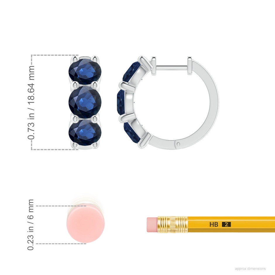 5.5mm AA Round Blue Sapphire Three Stone Hoop Earrings in 18K White Gold ruler