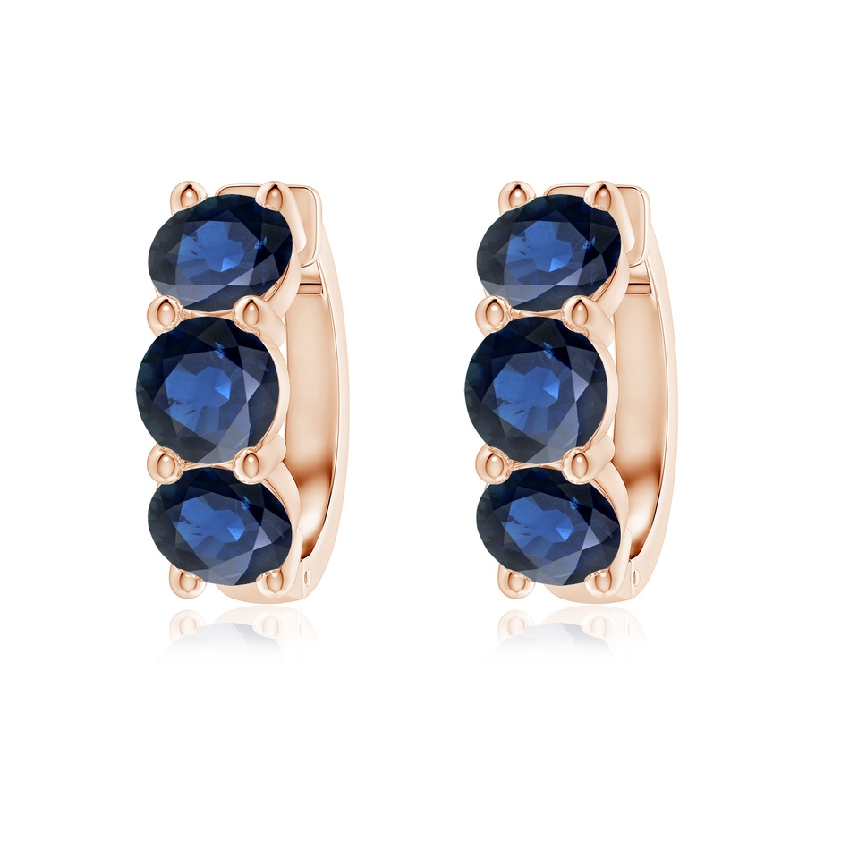 5.5mm AA Round Blue Sapphire Three Stone Hoop Earrings in Rose Gold 
