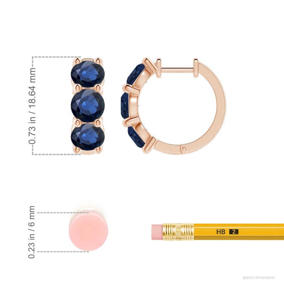 5.5mm AA Round Blue Sapphire Three Stone Hoop Earrings in Rose Gold ruler