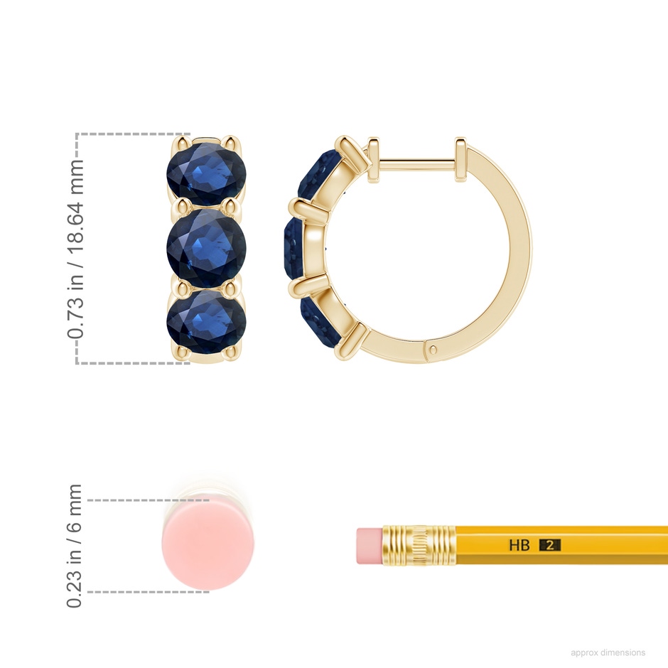 5.5mm AA Round Blue Sapphire Three Stone Hoop Earrings in Yellow Gold ruler