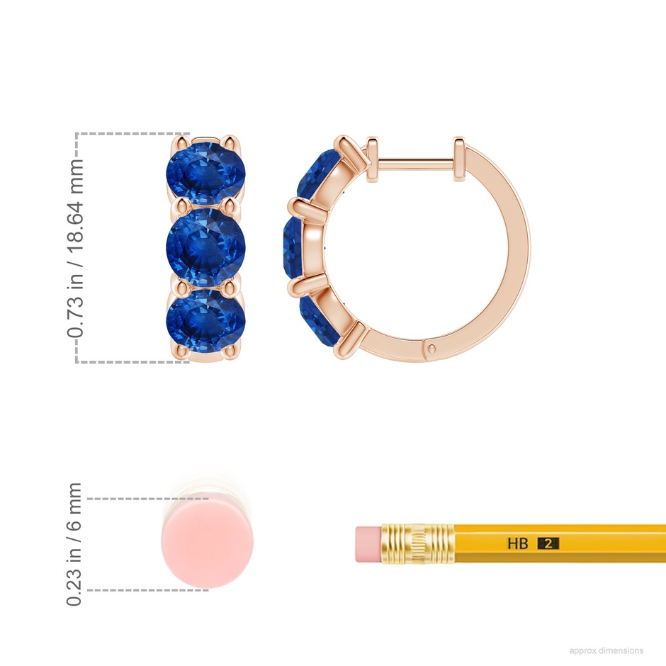 5.5mm AAA Round Blue Sapphire Three Stone Hoop Earrings in Rose Gold ruler