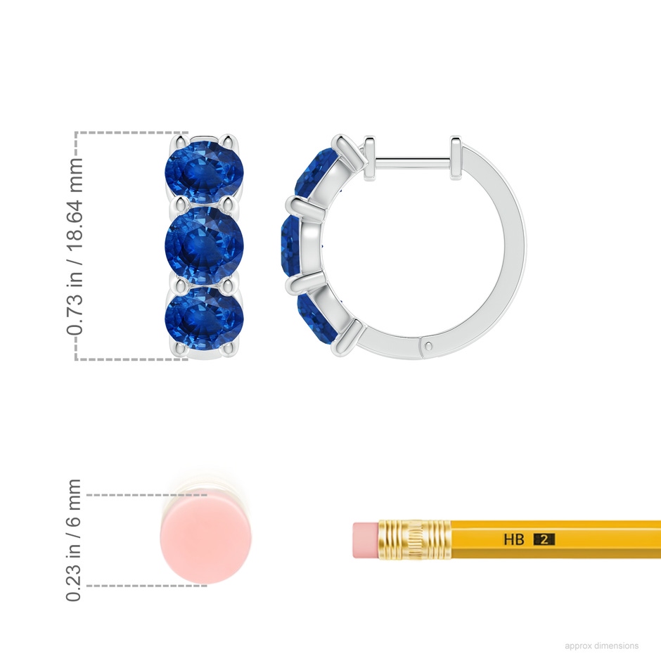 5.5mm AAA Round Blue Sapphire Three Stone Hoop Earrings in White Gold ruler