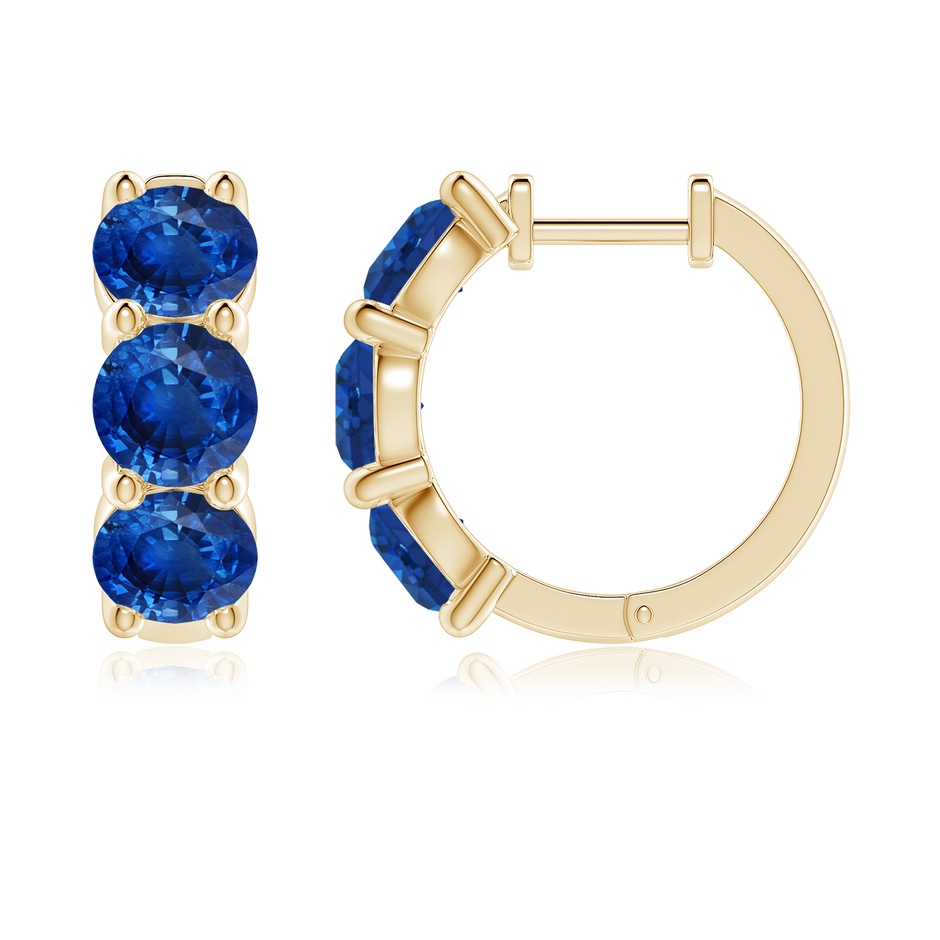 5.5mm AAA Round Blue Sapphire Three Stone Hoop Earrings in Yellow Gold side 199