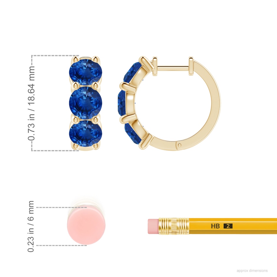 5.5mm AAA Round Blue Sapphire Three Stone Hoop Earrings in Yellow Gold ruler