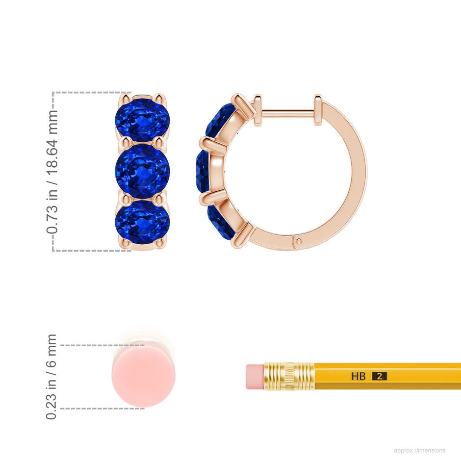 5.5mm AAAA Round Blue Sapphire Three Stone Hoop Earrings in 18K Rose Gold ruler