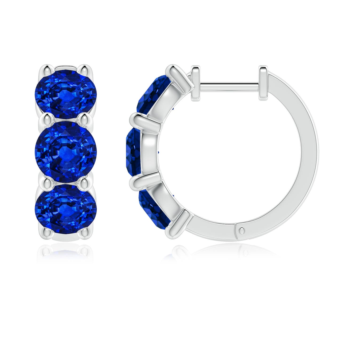 5.5mm AAAA Round Blue Sapphire Three Stone Hoop Earrings in White Gold - side 3