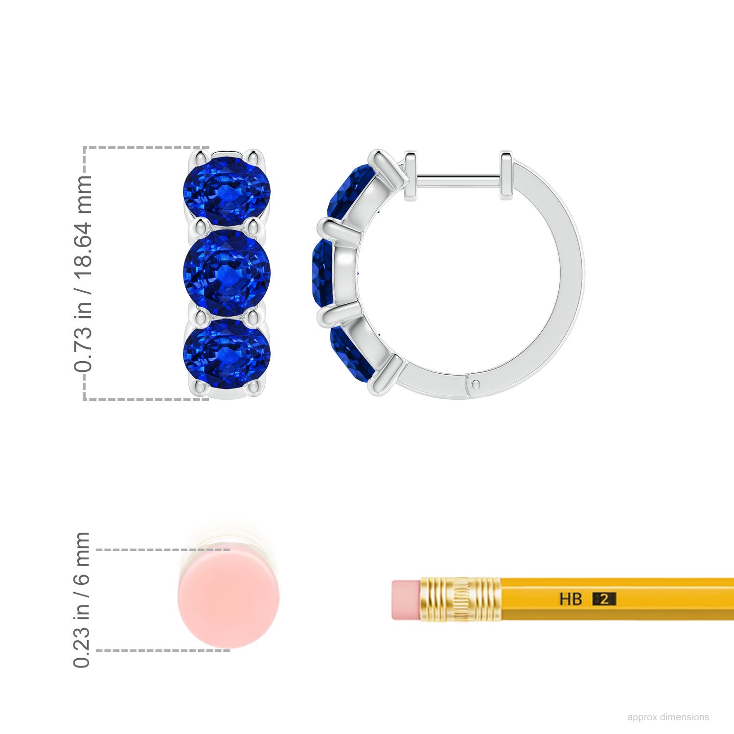 5.5mm AAAA Round Blue Sapphire Three Stone Hoop Earrings in White Gold - ruler