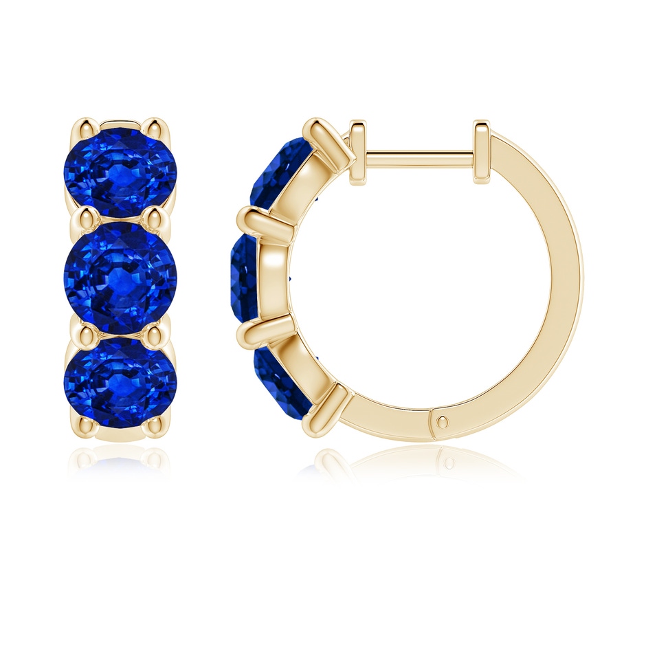 5.5mm Lab-Grown Round Blue Sapphire Three Stone Hoop Earrings in Yellow Gold side 199