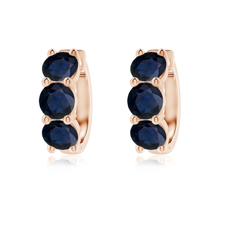 5mm A Round Blue Sapphire Three Stone Hoop Earrings in Rose Gold 