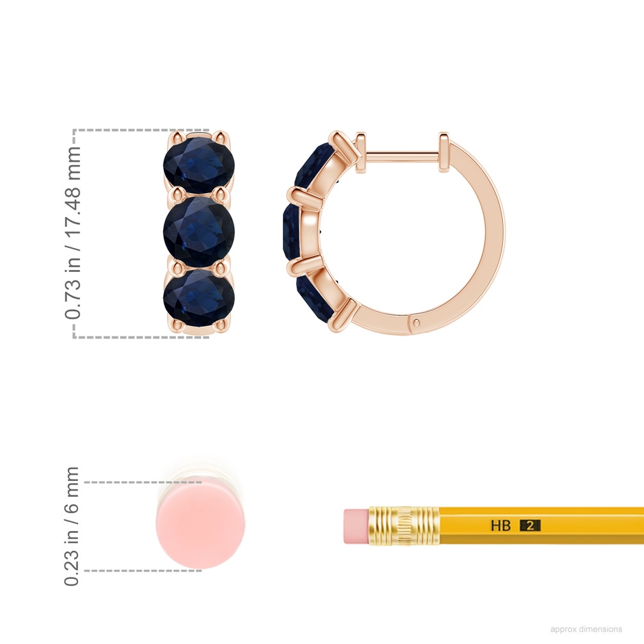 5mm A Round Blue Sapphire Three Stone Hoop Earrings in Rose Gold ruler