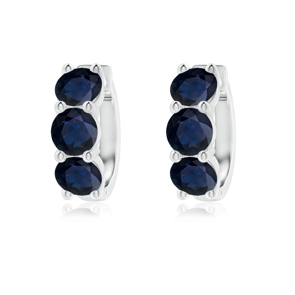 5mm A Round Blue Sapphire Three Stone Hoop Earrings in White Gold 