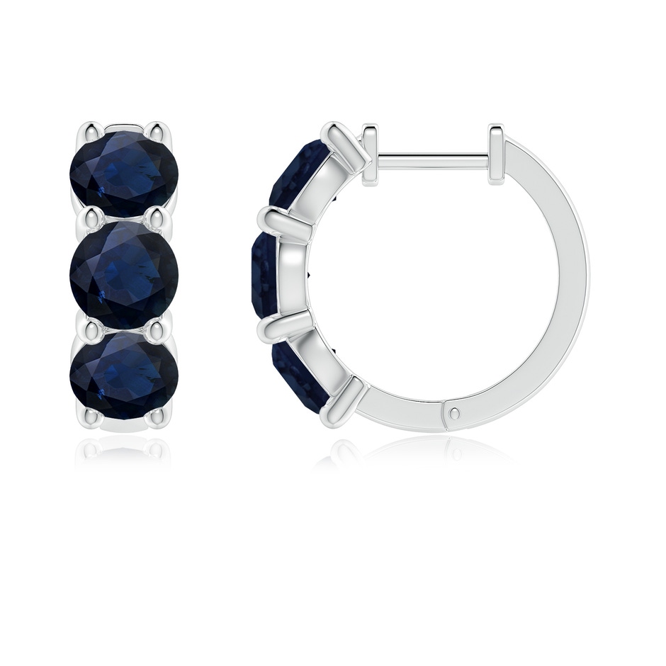 5mm A Round Blue Sapphire Three Stone Hoop Earrings in White Gold side 199