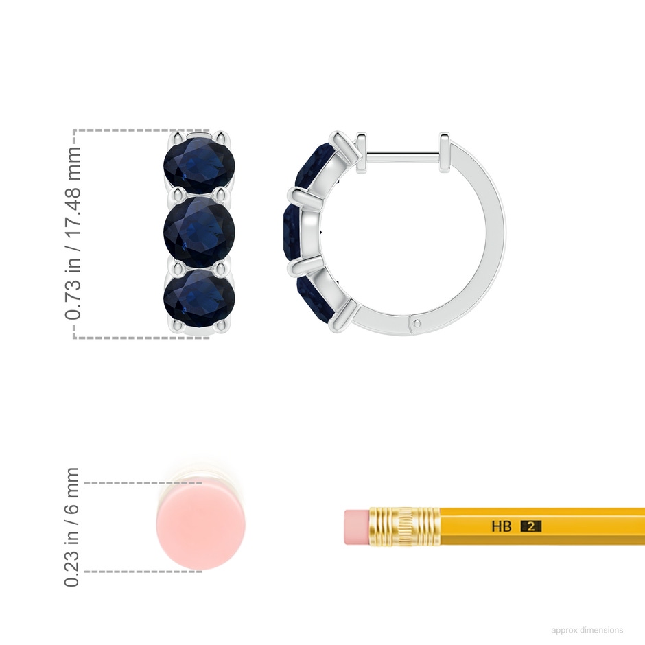 5mm A Round Blue Sapphire Three Stone Hoop Earrings in White Gold ruler