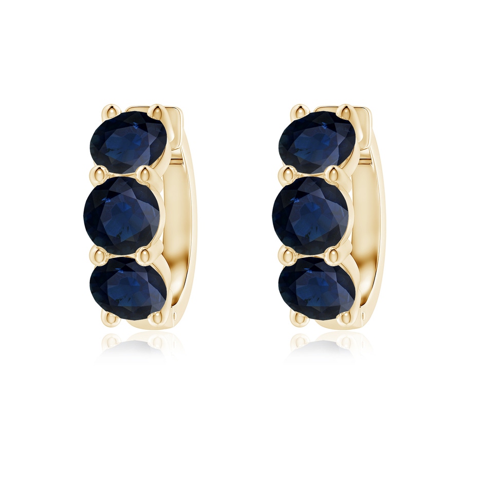 5mm A Round Blue Sapphire Three Stone Hoop Earrings in Yellow Gold 