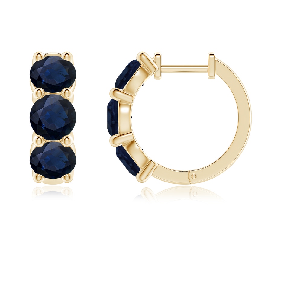 5mm A Round Blue Sapphire Three Stone Hoop Earrings in Yellow Gold side 199