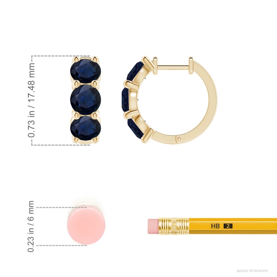 5mm A Round Blue Sapphire Three Stone Hoop Earrings in Yellow Gold ruler