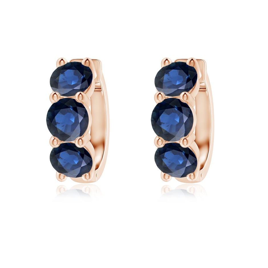5mm AA Round Blue Sapphire Three Stone Hoop Earrings in Rose Gold 