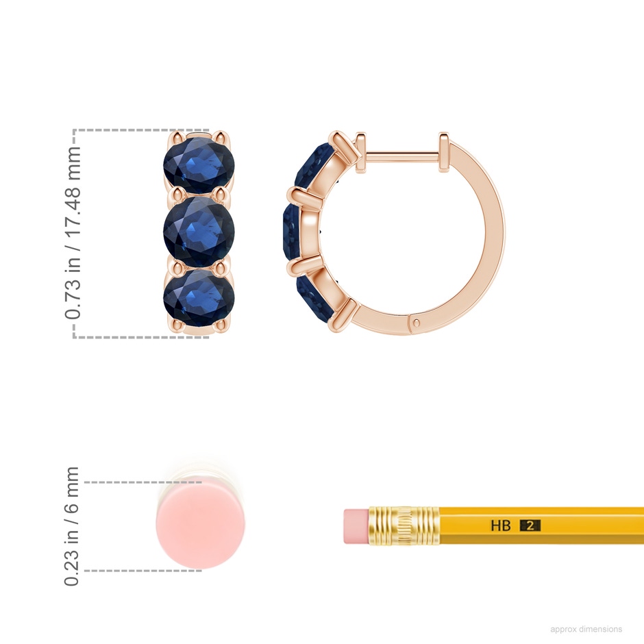 5mm AA Round Blue Sapphire Three Stone Hoop Earrings in Rose Gold ruler