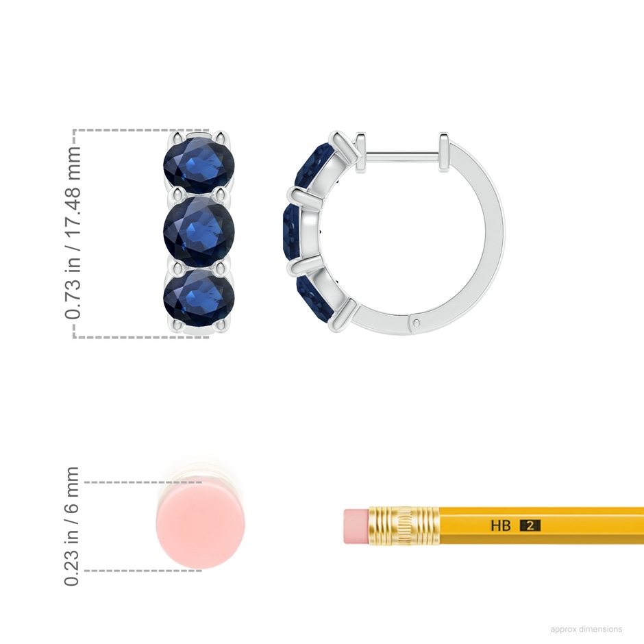 5mm AA Round Blue Sapphire Three Stone Hoop Earrings in White Gold ruler