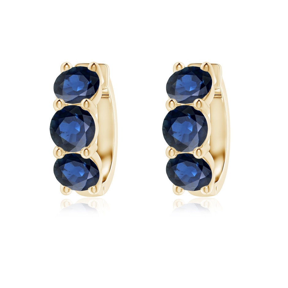 5mm AA Round Blue Sapphire Three Stone Hoop Earrings in Yellow Gold 