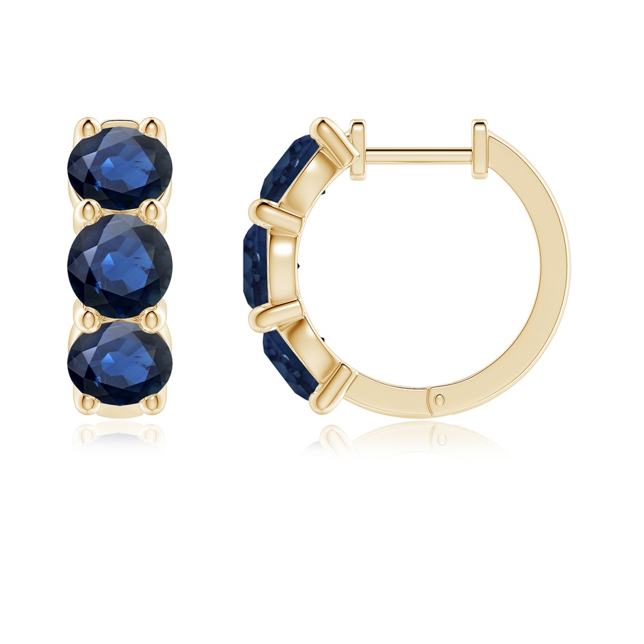 5mm AA Round Blue Sapphire Three Stone Hoop Earrings in Yellow Gold side 199