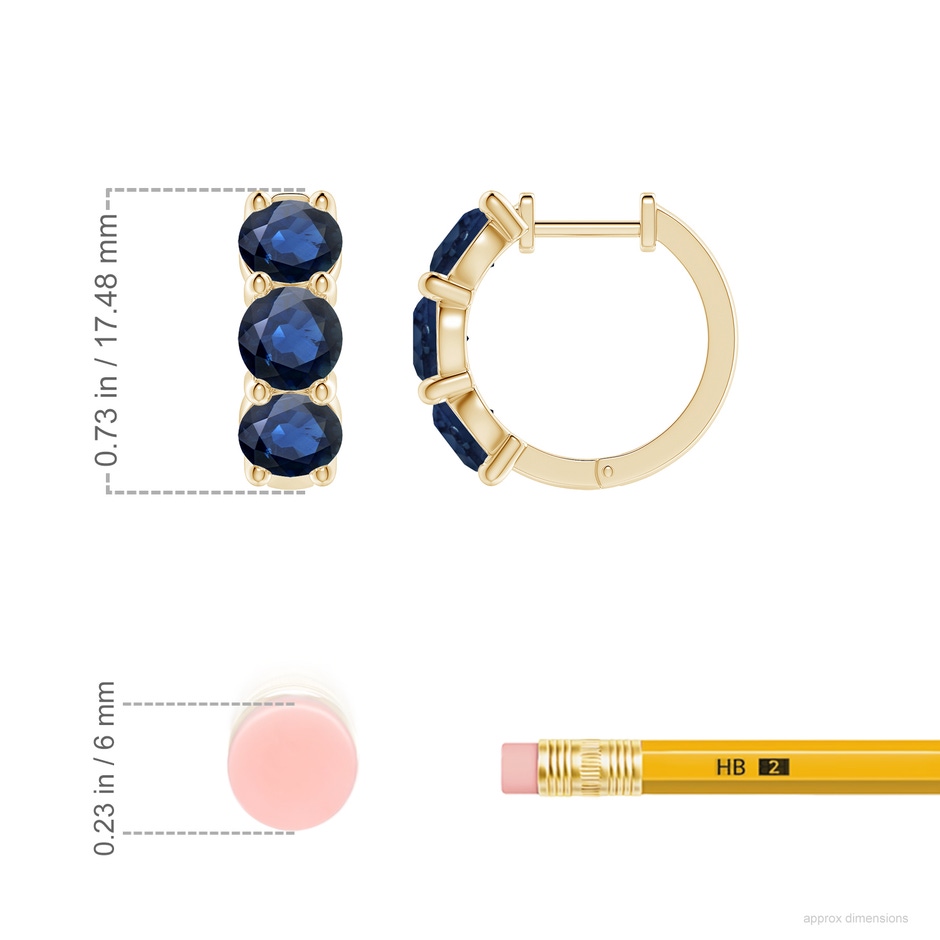 5mm AA Round Blue Sapphire Three Stone Hoop Earrings in Yellow Gold ruler