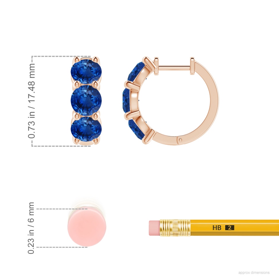 5mm AAA Round Blue Sapphire Three Stone Hoop Earrings in Rose Gold ruler