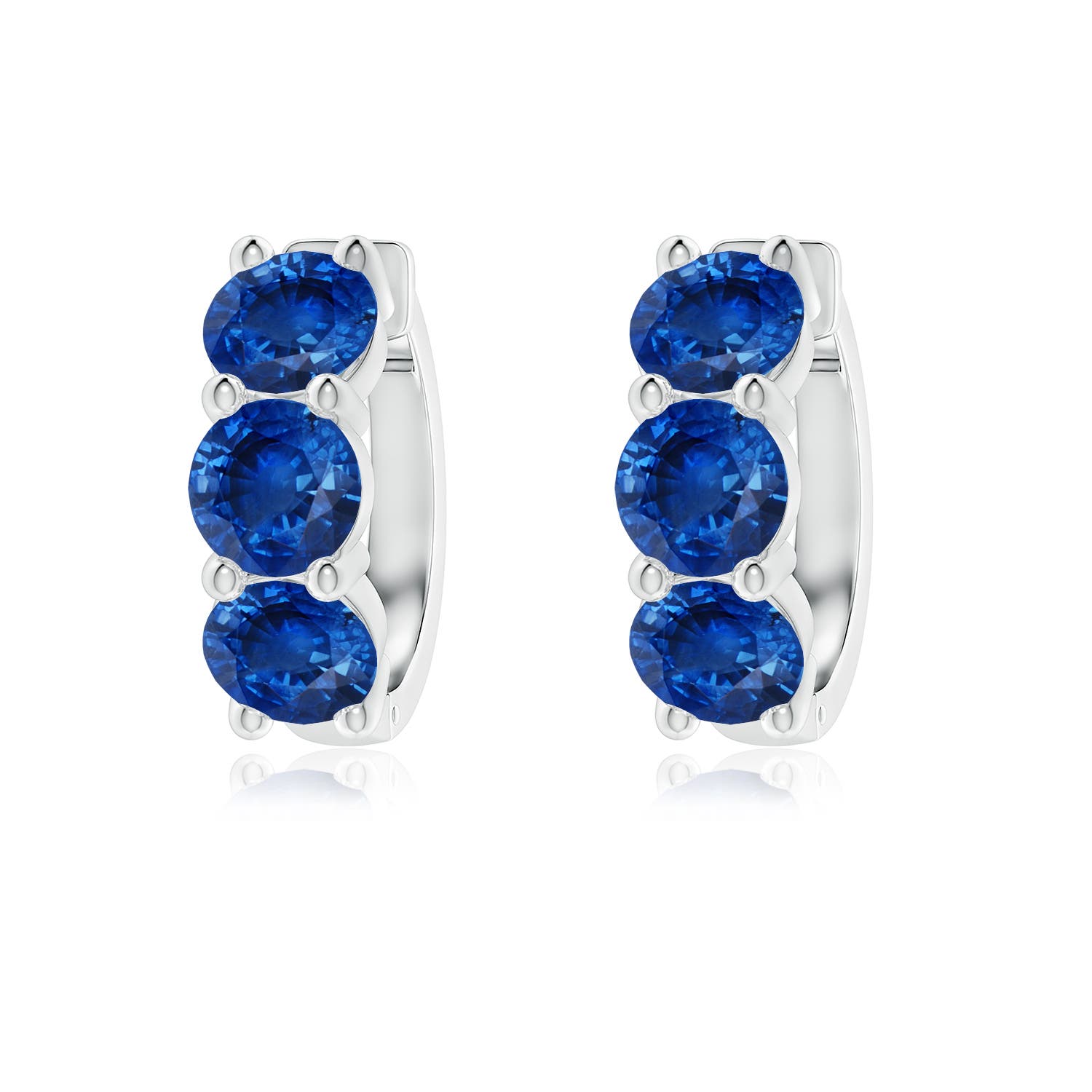5mm AAA Round Blue Sapphire Three Stone Hoop Earrings in White Gold