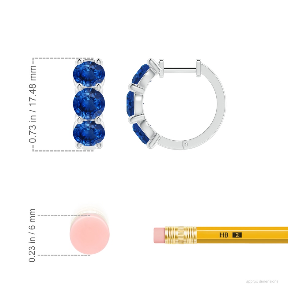 5mm AAA Round Blue Sapphire Three Stone Hoop Earrings in White Gold ruler