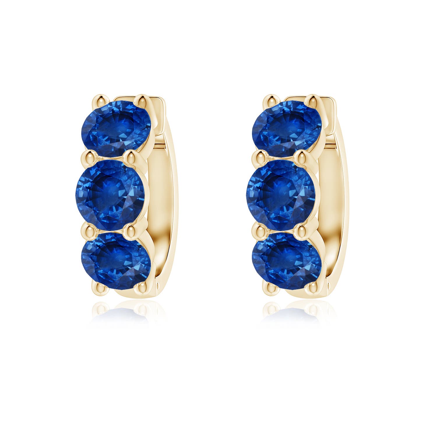 5mm AAA Round Blue Sapphire Three Stone Hoop Earrings in Yellow Gold
