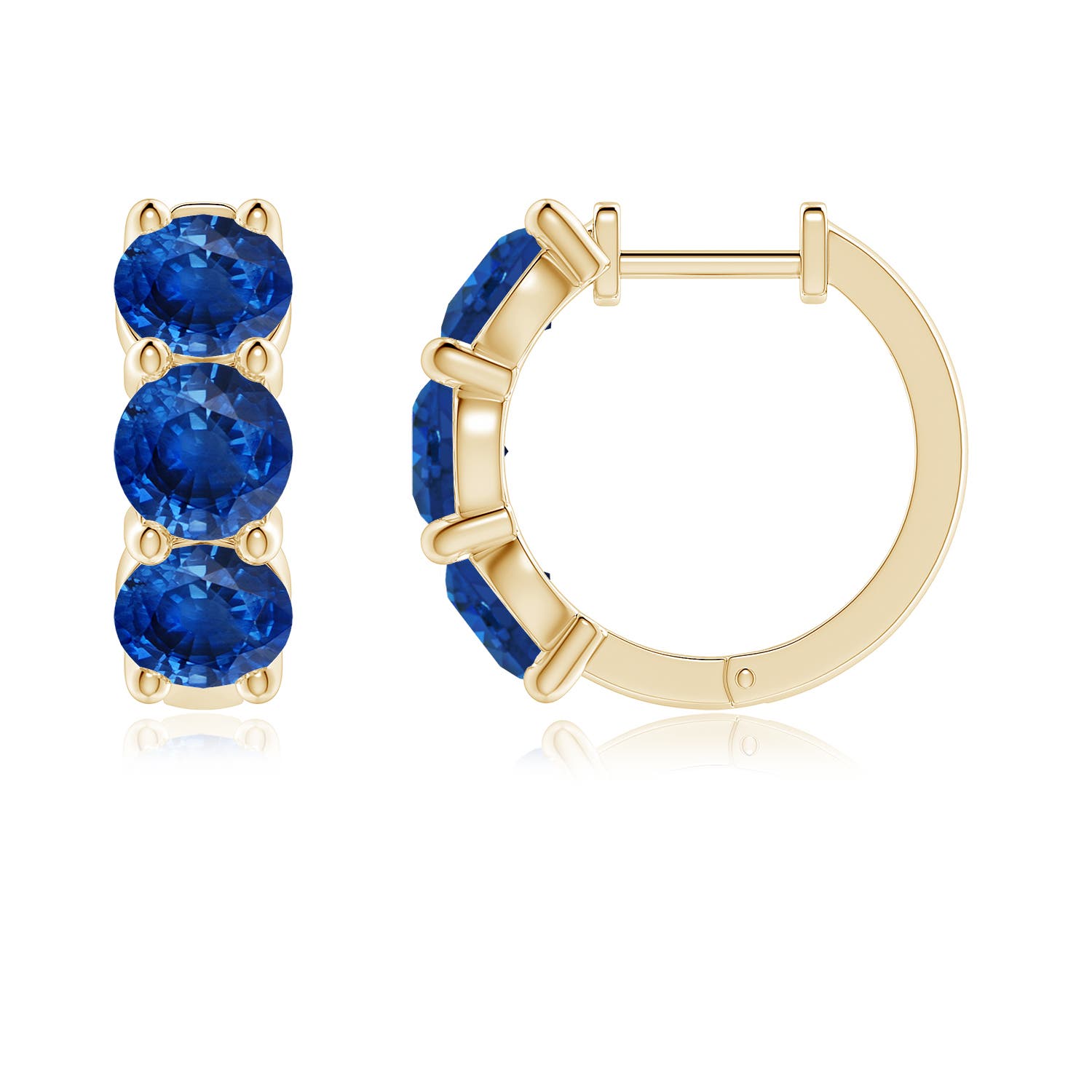 5mm AAA Round Blue Sapphire Three Stone Hoop Earrings in Yellow Gold