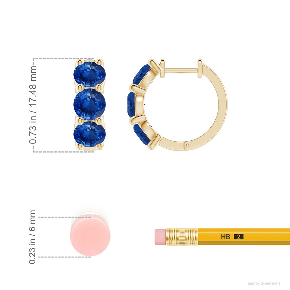 5mm AAA Round Blue Sapphire Three Stone Hoop Earrings in Yellow Gold ruler