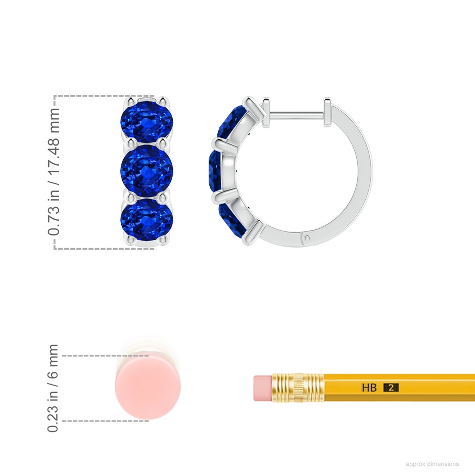 5mm AAAA Round Blue Sapphire Three Stone Hoop Earrings in P950 Platinum ruler
