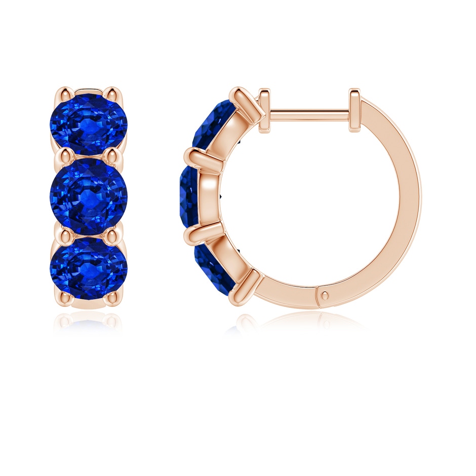 5mm AAAA Round Blue Sapphire Three Stone Hoop Earrings in Rose Gold side 199