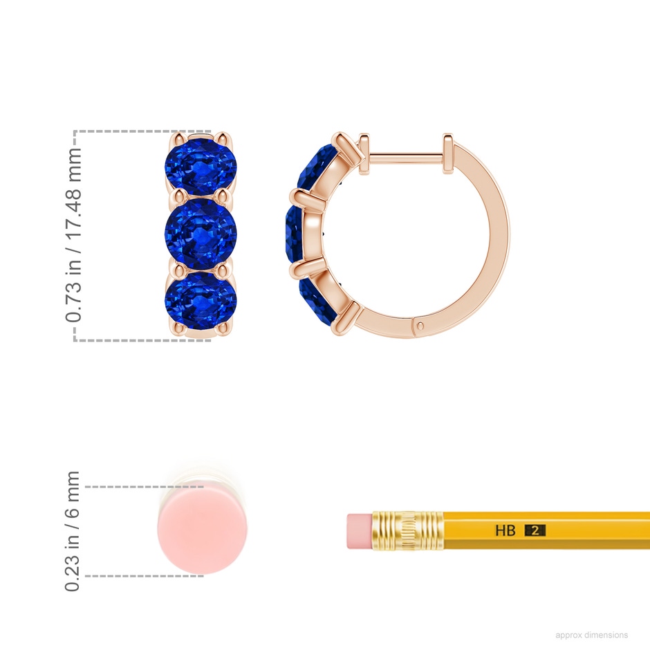 5mm AAAA Round Blue Sapphire Three Stone Hoop Earrings in Rose Gold ruler