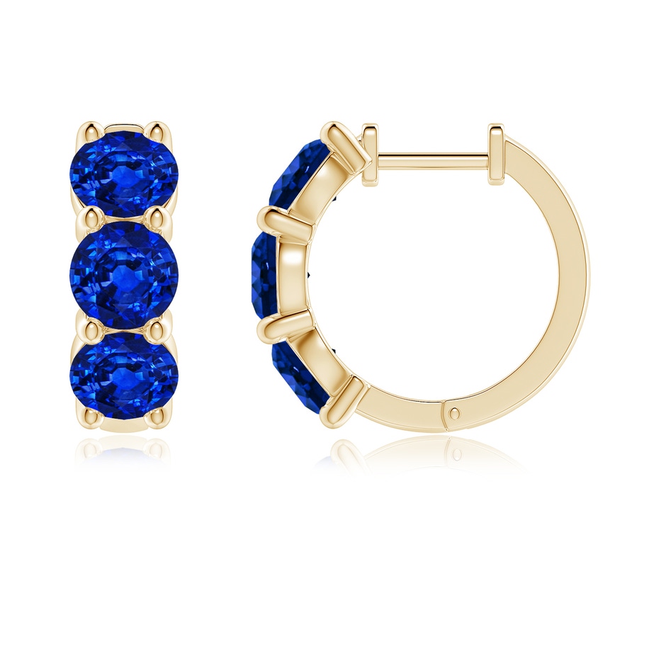 5mm Lab-Grown Round Blue Sapphire Three Stone Hoop Earrings in Yellow Gold side 199