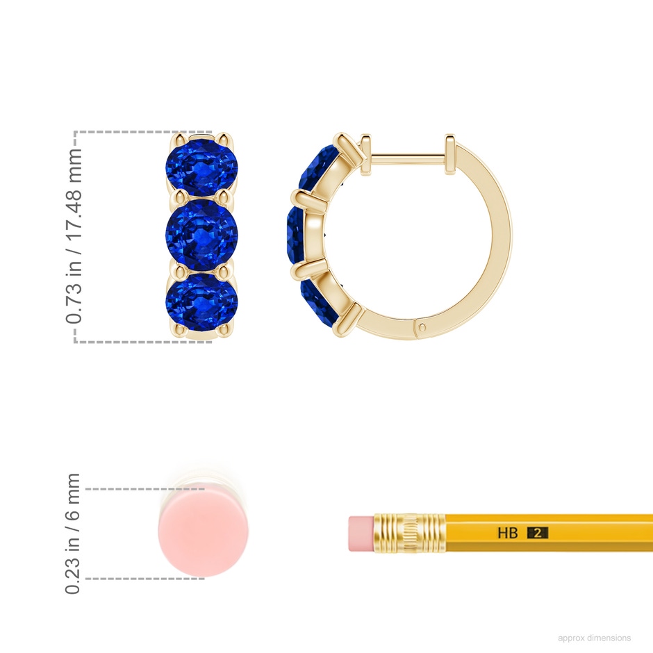 5mm Lab-Grown Round Blue Sapphire Three Stone Hoop Earrings in Yellow Gold ruler