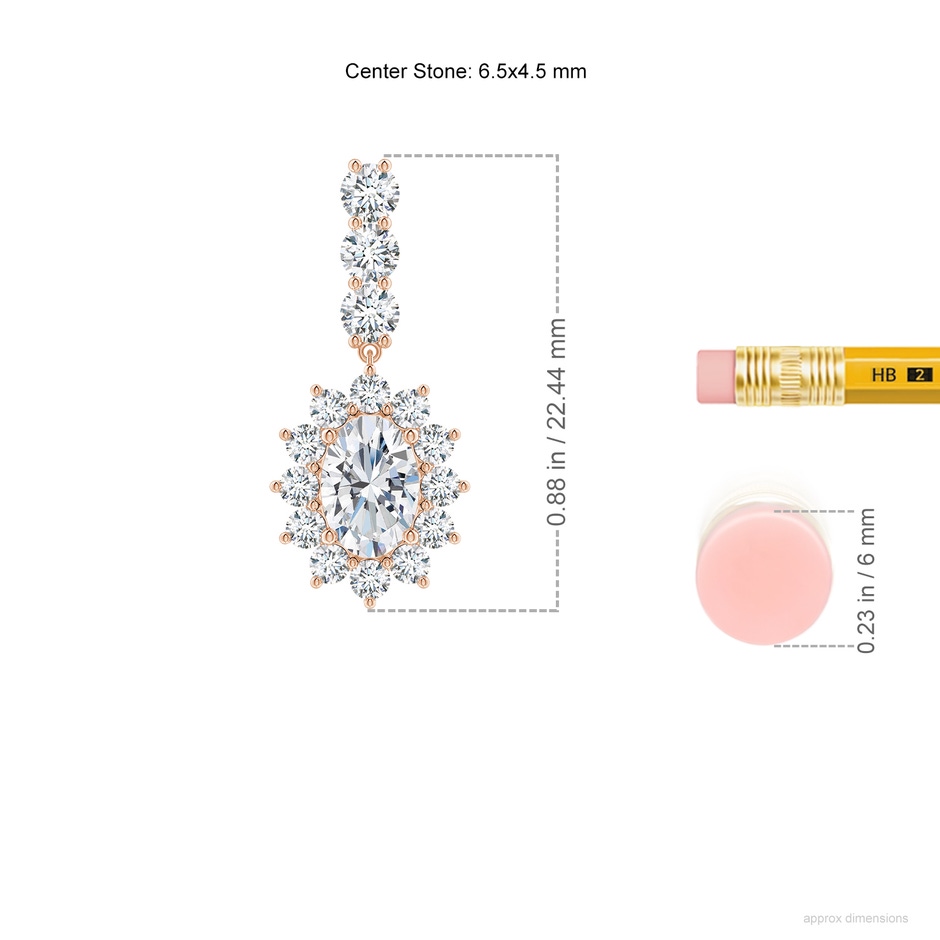 6.5x4.5mm GVS2 Oval Diamond Floral Halo Dangle Earrings in Rose Gold ruler