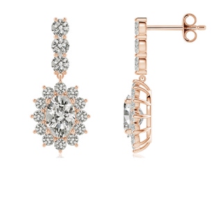 6.5x4.5mm KI3 Oval Diamond Floral Halo Dangle Earrings in Rose Gold