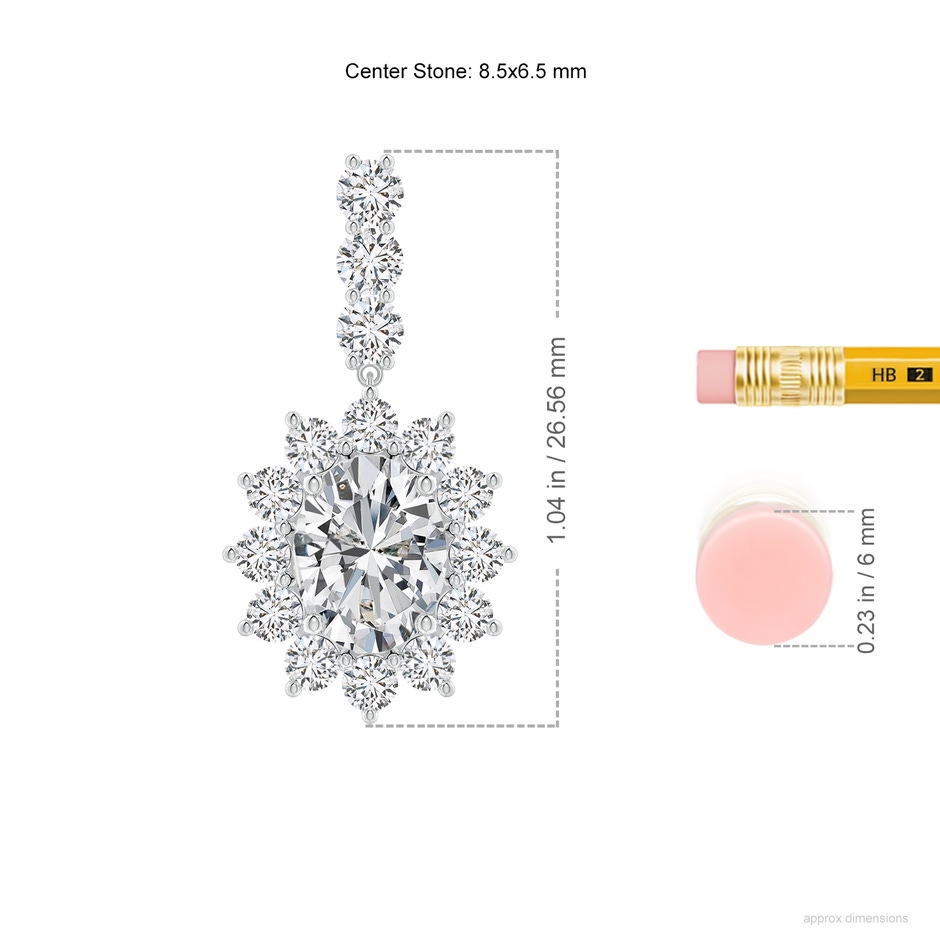 8.5x6.5mm HSI2 Oval Diamond Floral Halo Dangle Earrings in P950 Platinum ruler