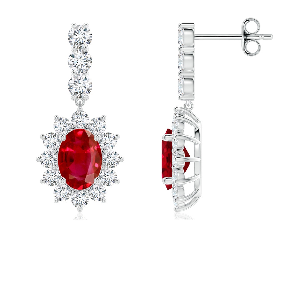 7x5mm AAA Oval Ruby Floral Halo Dangle Earrings in White Gold 