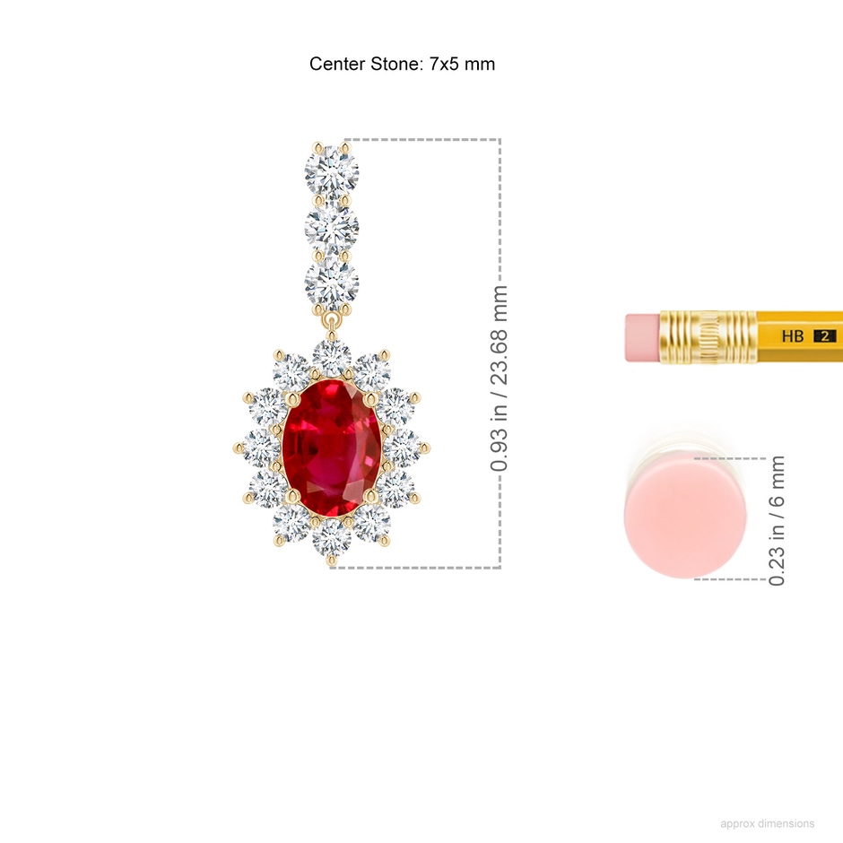 7x5mm AAA Oval Ruby Floral Halo Dangle Earrings in Yellow Gold ruler