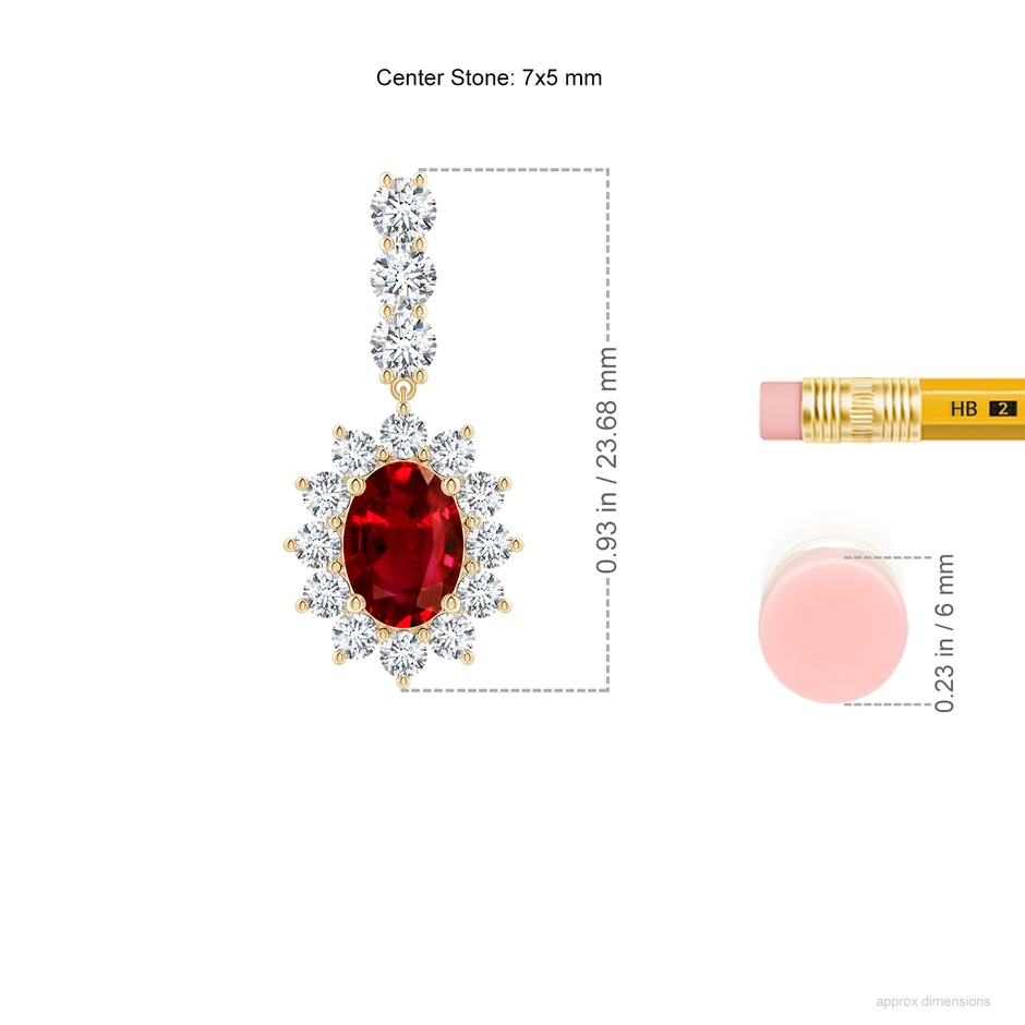 7x5mm AAAA Oval Ruby Floral Halo Dangle Earrings in Yellow Gold ruler