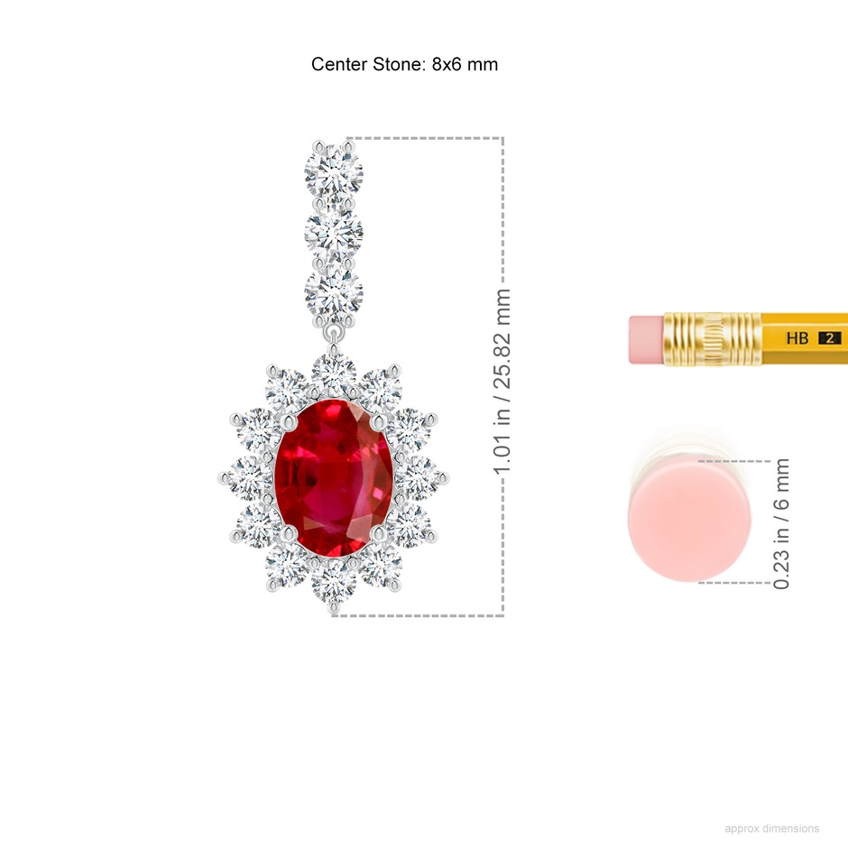 8x6mm AAA Oval Ruby Floral Halo Dangle Earrings in White Gold ruler