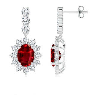 8x6mm AAAA Oval Ruby Floral Halo Dangle Earrings in P950 Platinum