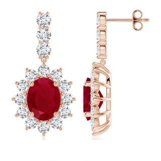 9x7mm AA Oval Ruby Floral Halo Dangle Earrings in 18K Rose Gold