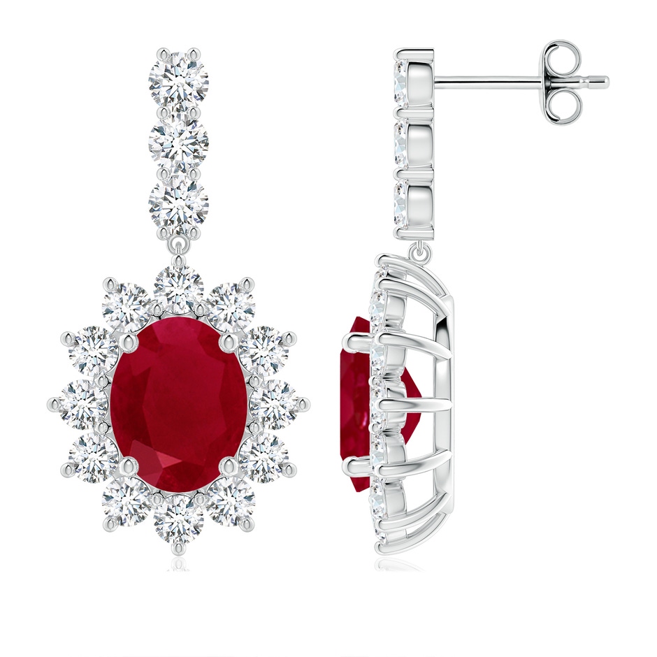 9x7mm AA Oval Ruby Floral Halo Dangle Earrings in P950 Platinum 